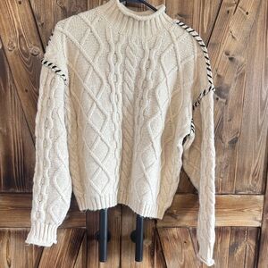bobeau Cream Cable-Knit Sweater with Black Trim